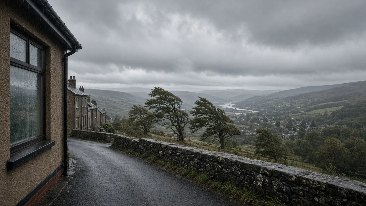 Exposed hillside street with rain-streaked windows near Hamilton, South Lanarkshire — illustrative
