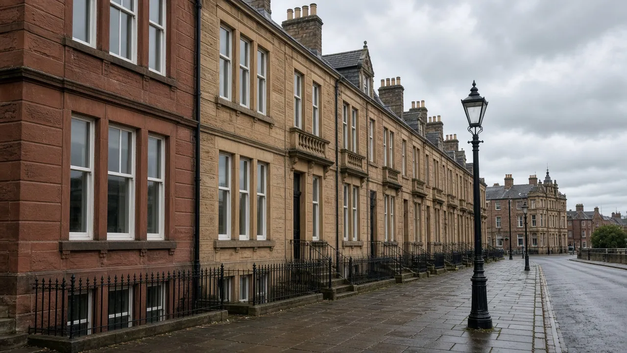 Sandstone terraced street near a Scottish town centre in Hamilton, South Lanarkshire — illustrative, not a customer installation